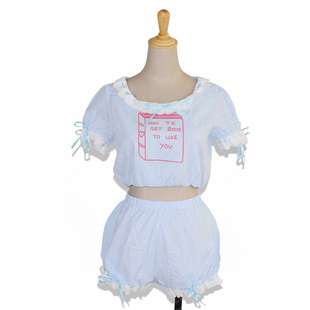 日系软妹可爱少女心事法式baby doll套装条纹刺绣蕾丝上衣+南瓜裤