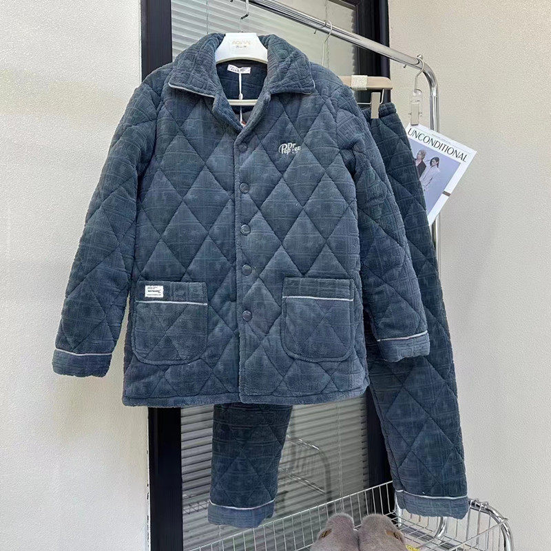 奥立美男士睡衣冬季新品加厚保暖牛奶绒家居服夹棉套装保暖有大码