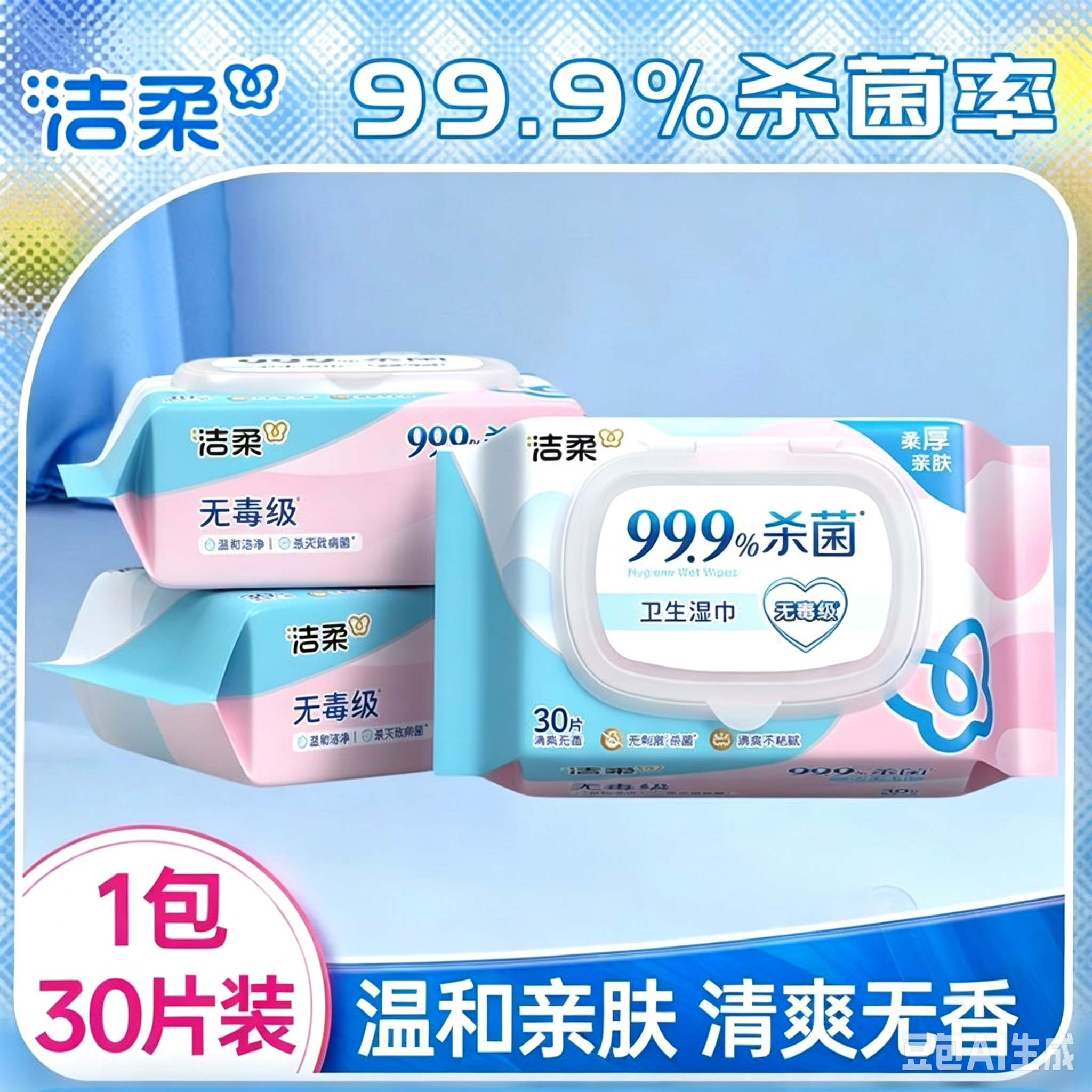 洁柔30片杀菌卫生湿巾小包便携式湿巾抽取式湿纸巾带盖亲肤湿巾