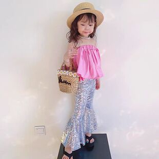 女童复古港风喇叭裤儿童时尚走秀潮服个性机车年代摇滚演出服