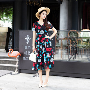潮流连衣裙休闲时尚 2020跨境夏季 韩版 印花连衣裙女雪纺 新款
