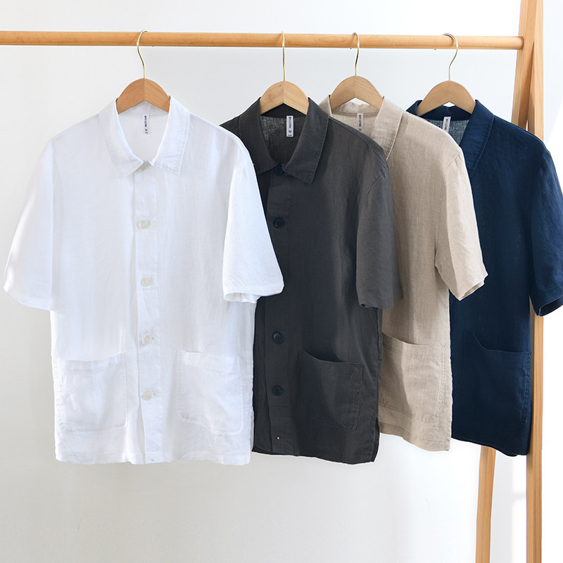 【100%纯亚麻】亚麻衬衫男夏季透气宽松翻领短袖休闲百搭潮流衬衣