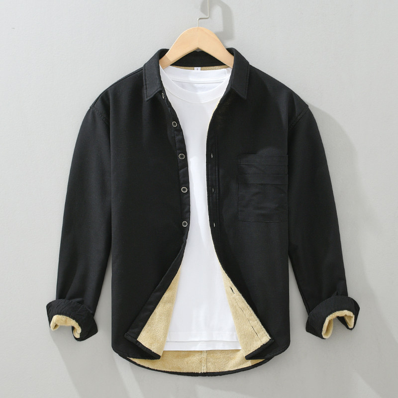 加绒加厚棉麻休闲翻领长袖衬衫男加绒保暖百搭宽松肌理感衬衣外套