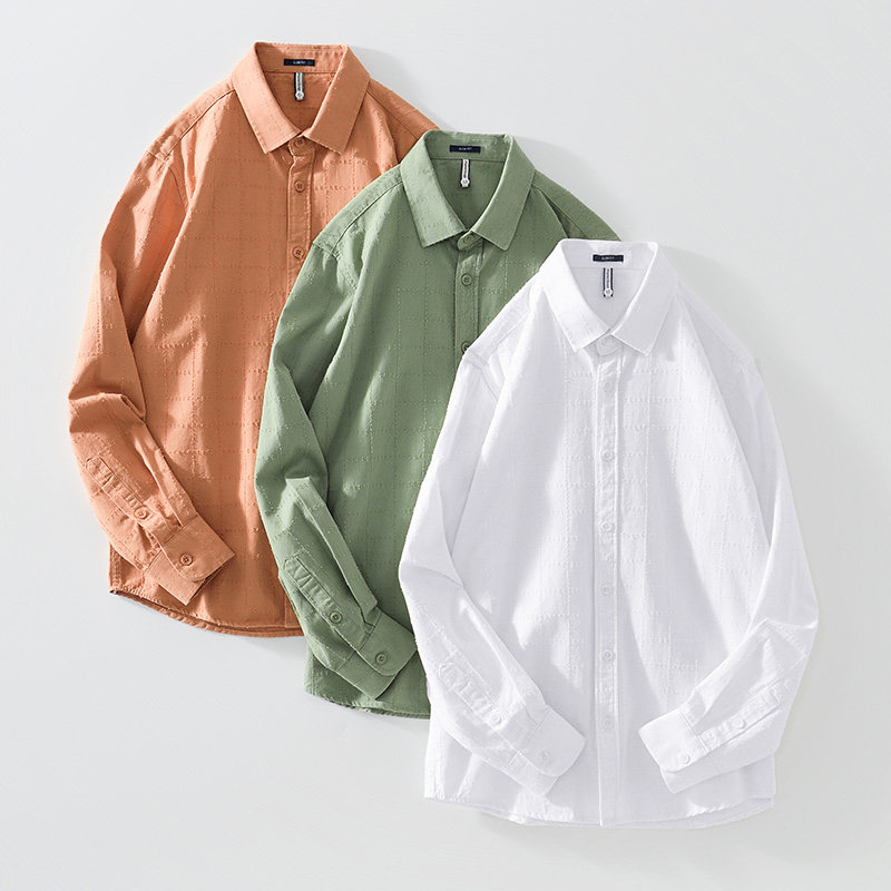 新款简约纯色长袖衬衫男装春秋季常规衬衣文艺休闲复古宽松外穿