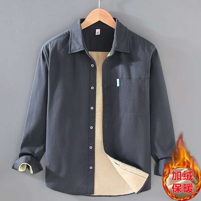 100%棉加绒新款工装风加绒衬衫男长袖翻领纯棉保暖商务衬衣外套