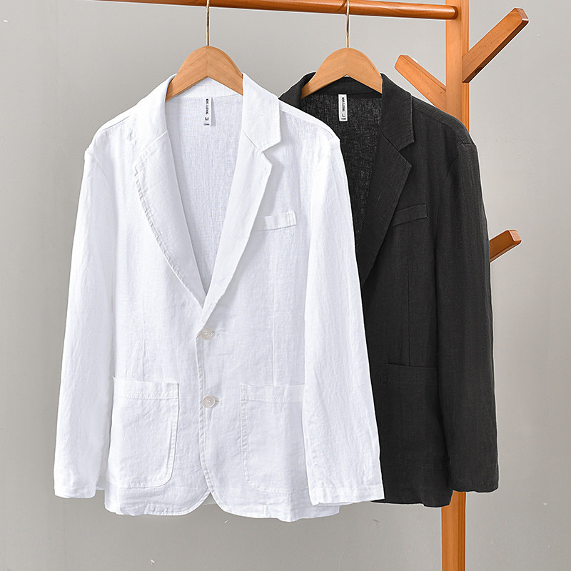 100%纯亚麻复古平驳领休闲亚麻西服男士宽松百搭青年商务西装外套