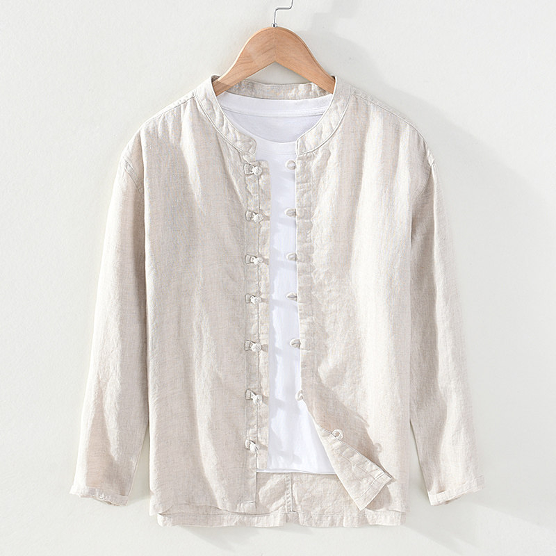 100%纯亚麻中国风亚麻盘扣长袖衬衫男士宽松复古休闲麻料衬衫男