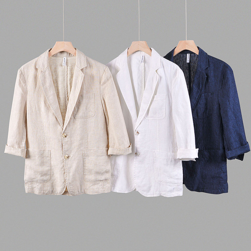 100%亚麻西服简约纯亚麻吸汗透气长袖西装男装商务休闲单件麻西装