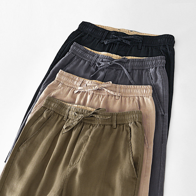 莱塞尔亚麻松紧腰休闲裤男宽松百搭抽绳长裤春秋冬透气棉麻裤