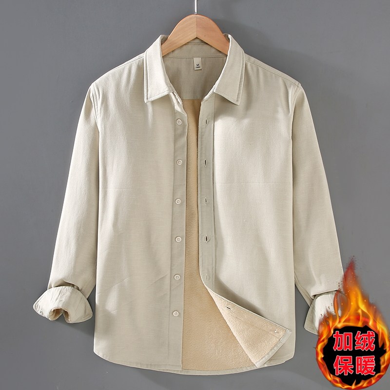 棉麻加绒亚麻麻长袖衬衫男秋冬宽松保暖百搭衬衫外套