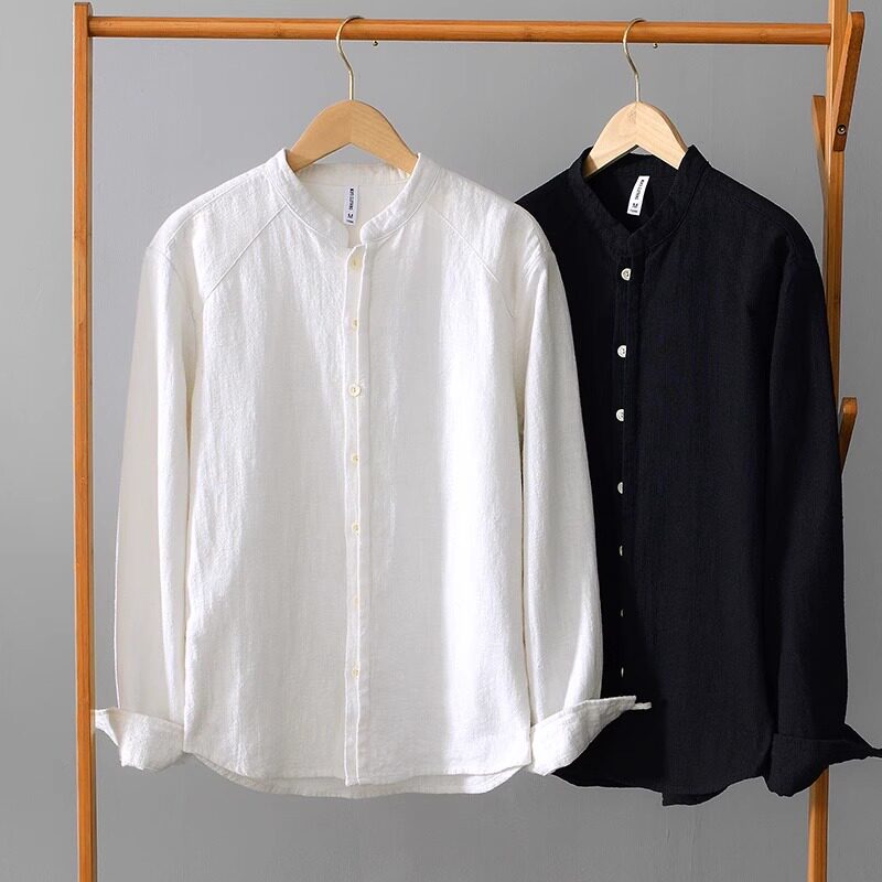 2025年秋季新款男装休闲长袖棉麻立领衬衫宽松外穿商务休闲衬衣