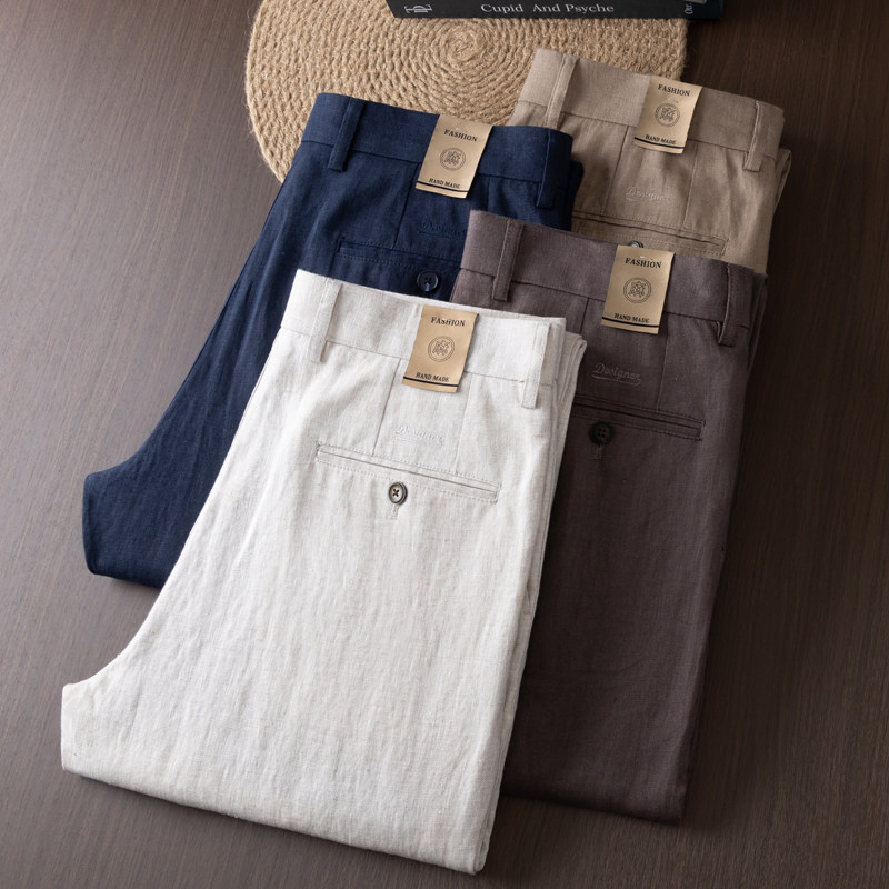 亚麻直筒高腰透气休闲裤