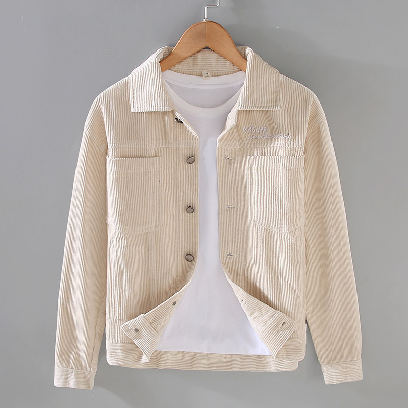 100%纯棉秋冬日系灯芯绒全棉工装翻领夹克男复古休闲纯棉外套