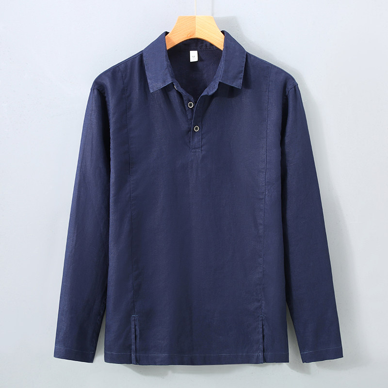 100%纯亚麻长袖POLO衫男春秋季商务休闲百搭男士翻领t恤