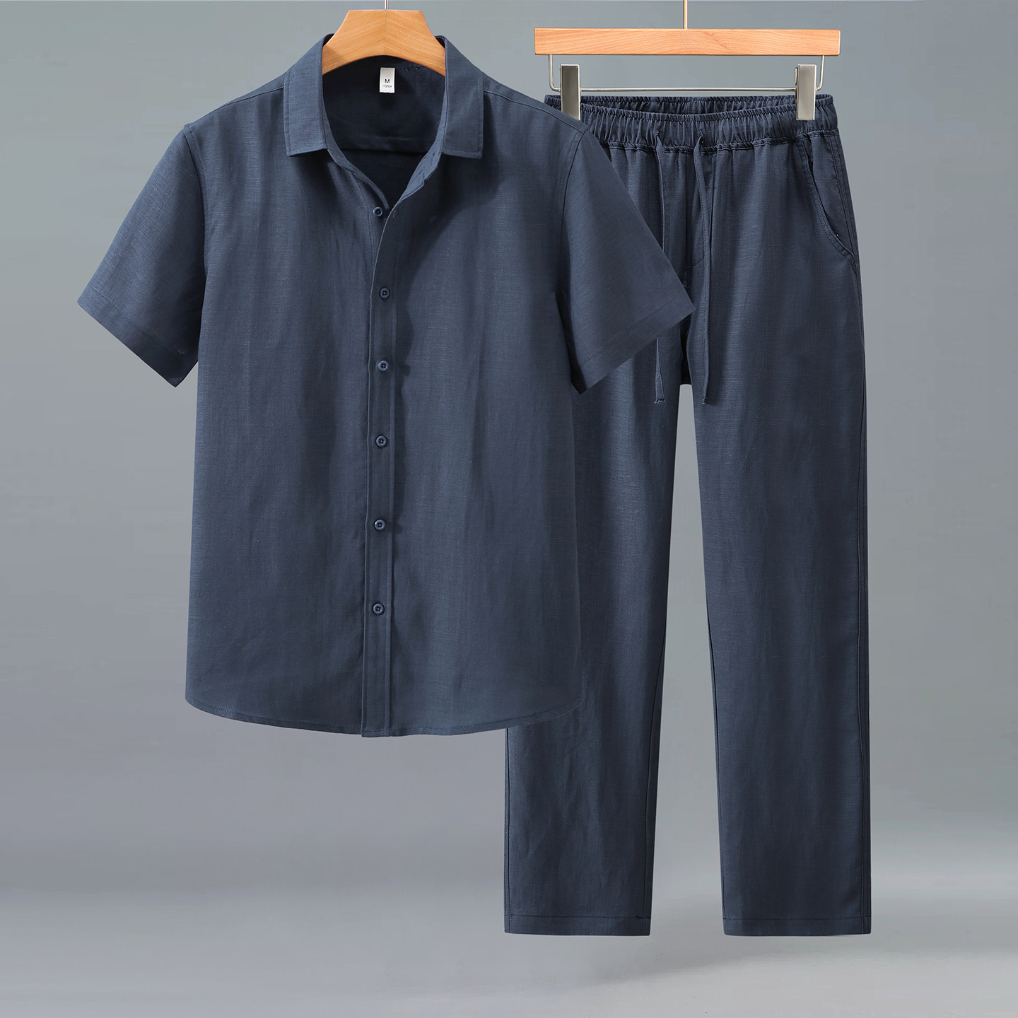 【天丝亚麻】夏季薄款男士短袖衬衫长裤套装休闲正装宽松商务夏装