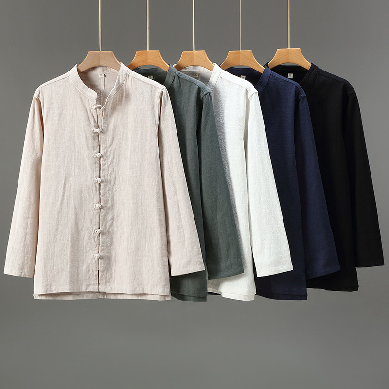 中国风长袖苎麻衬衫男2025春秋新款中式盘扣上衣中青年棉麻料外套