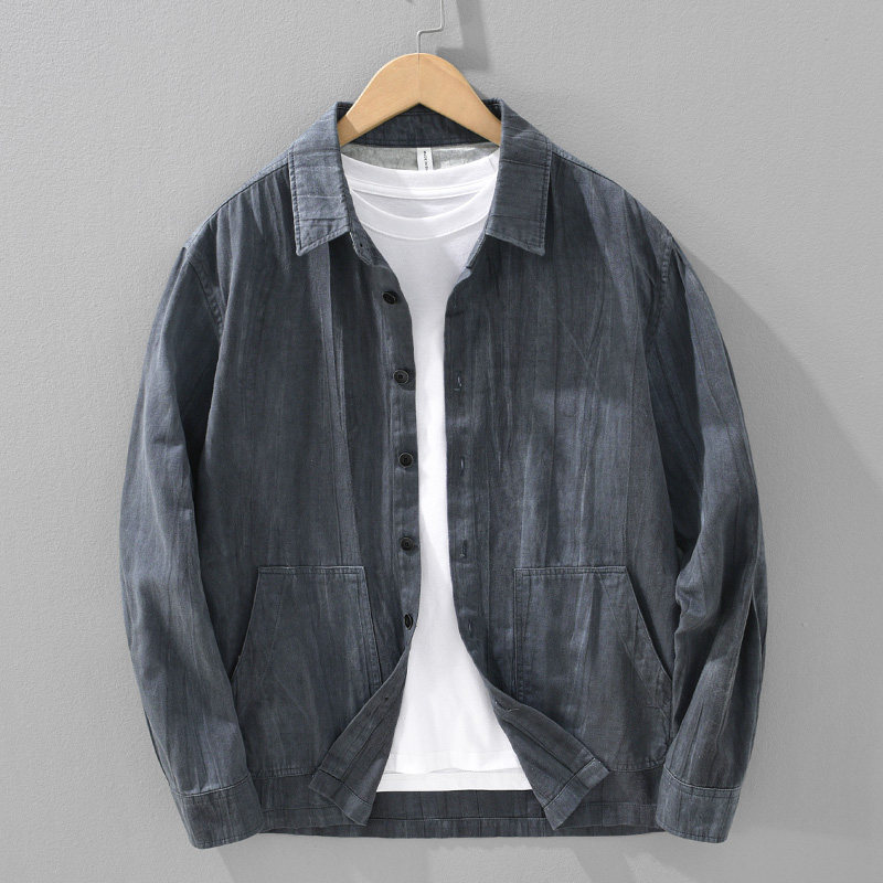 棉麻复古条纹麻棉衬衫男长袖宽松肌理纹商务休闲翻领上衣
