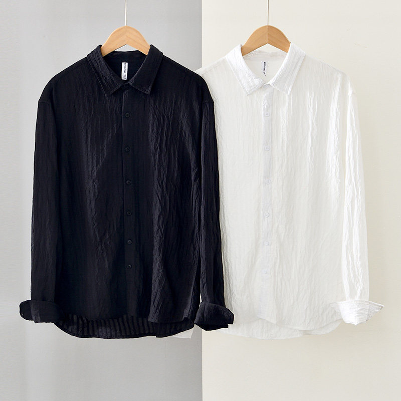 商务简约纯色长袖衬衫男装休闲弹力衬衣文艺复古休闲复古宽松外穿