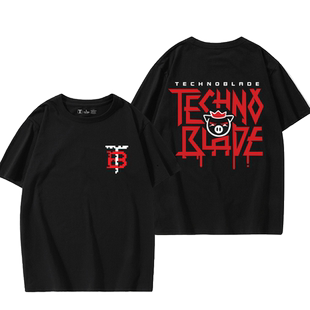 我的世界猪皇血神technoblade周边短袖T恤男女夏季纯棉宽松衣服