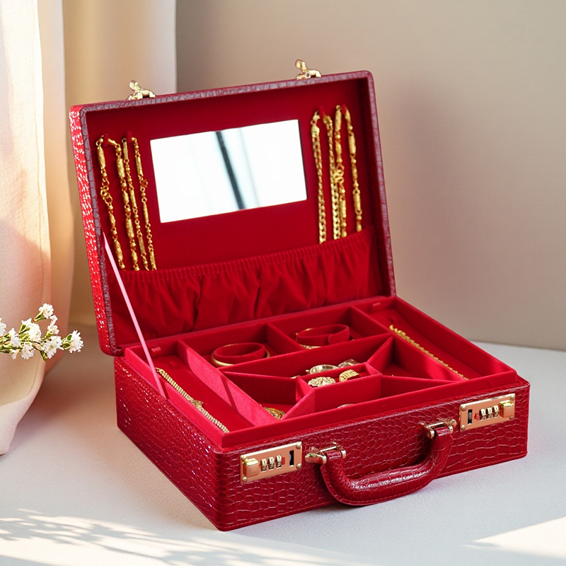 密码首饰盒收纳箱皮箱红色提彩礼金定亲聘金箱子结婚庆用品礼物