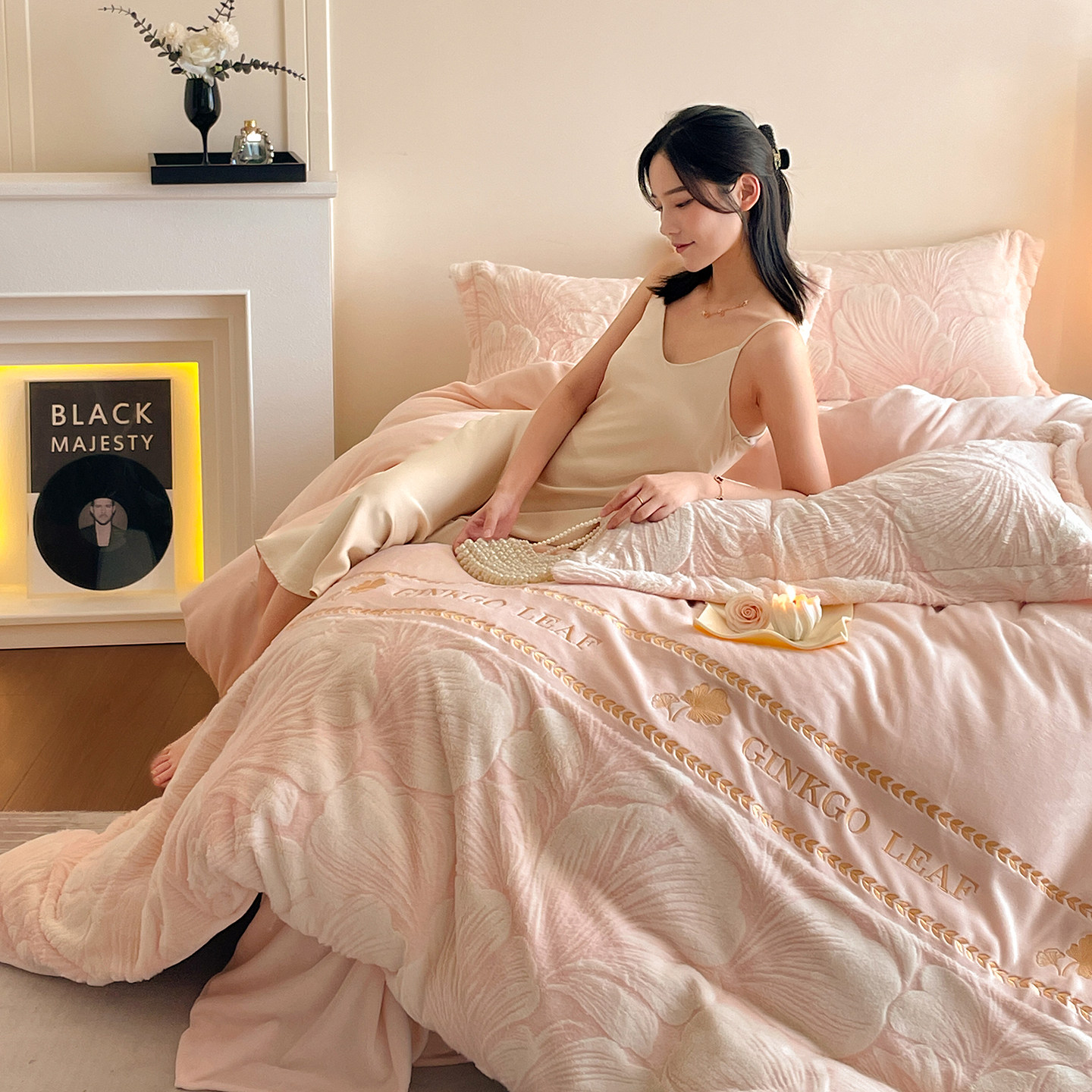 粉色鹅绒被四件套秋冬加厚保暖纯床品套件/四件套/多