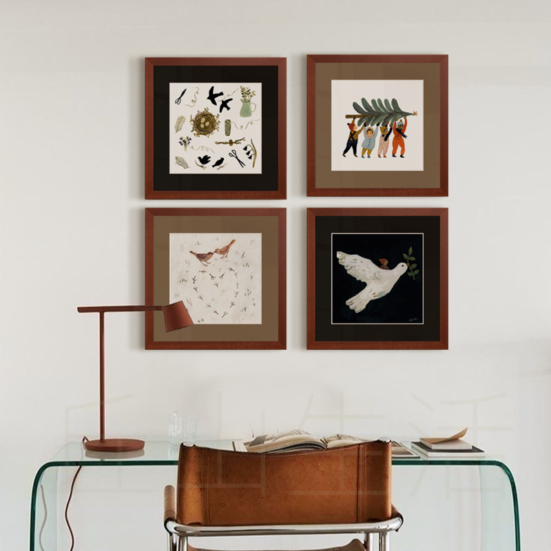 丘山生活 装饰画组合原木风中古风挂画客厅餐厅卧室小众实木框
