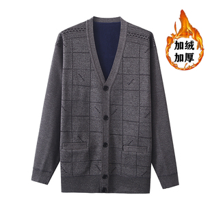 中老年提花方格口袋开衫    加绒加厚爸爸装上衣针织衫秋冬装外套