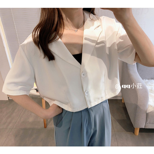 minihong通勤休闲宽松短款上衣女夏装小个子V领衬衫设计女小众感