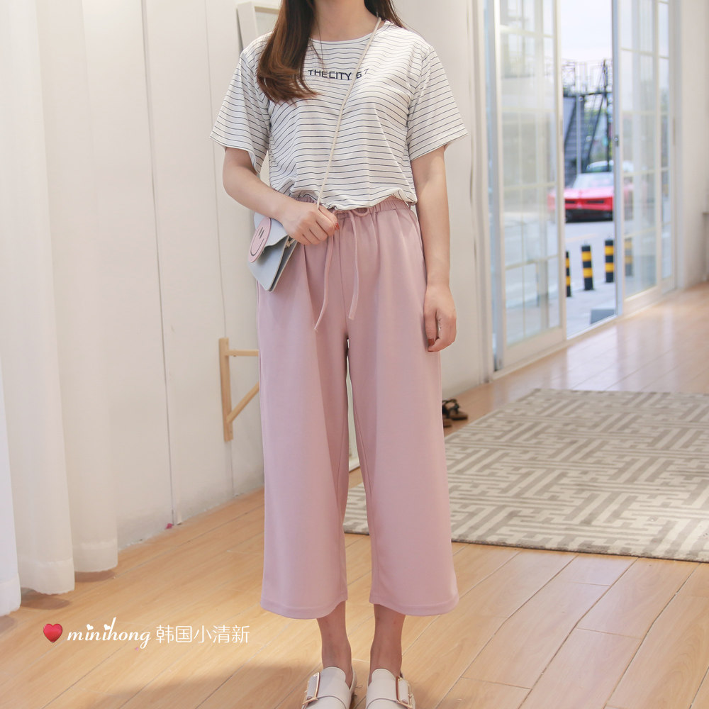 minihong：2018秋装新款高腰百搭松紧腰阔腿裤女八分裤150小个子