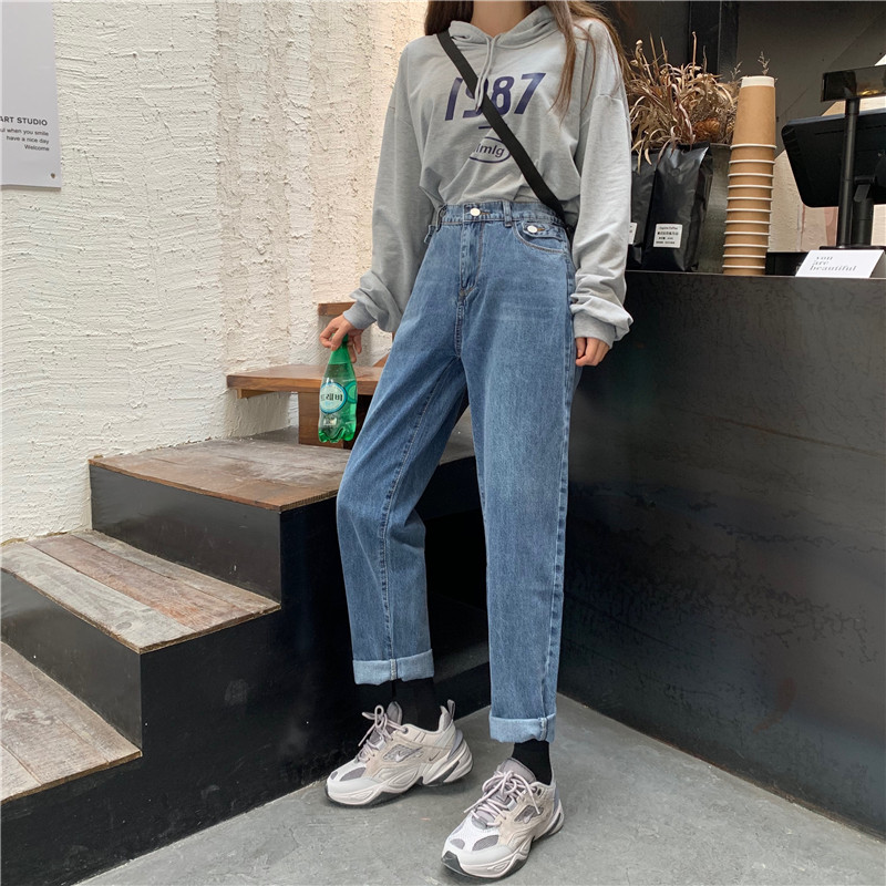 Real shot real price ~ Korean version of loose and versatile elastic high waist straight tube Harlan jeans