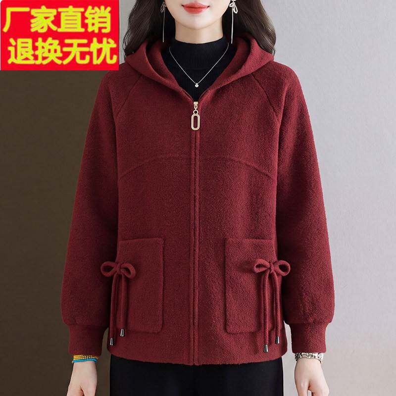 胖mm秋冬新款大码女装休闲连帽毛呢外套中年妈妈宽松显瘦羊毛上衣