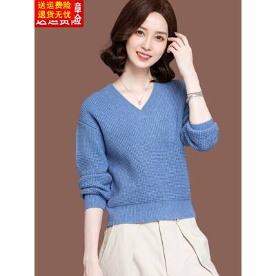 v领毛衣女秋冬新款小个子配裙子慵懒上衣加厚短款针织打底羊毛衫