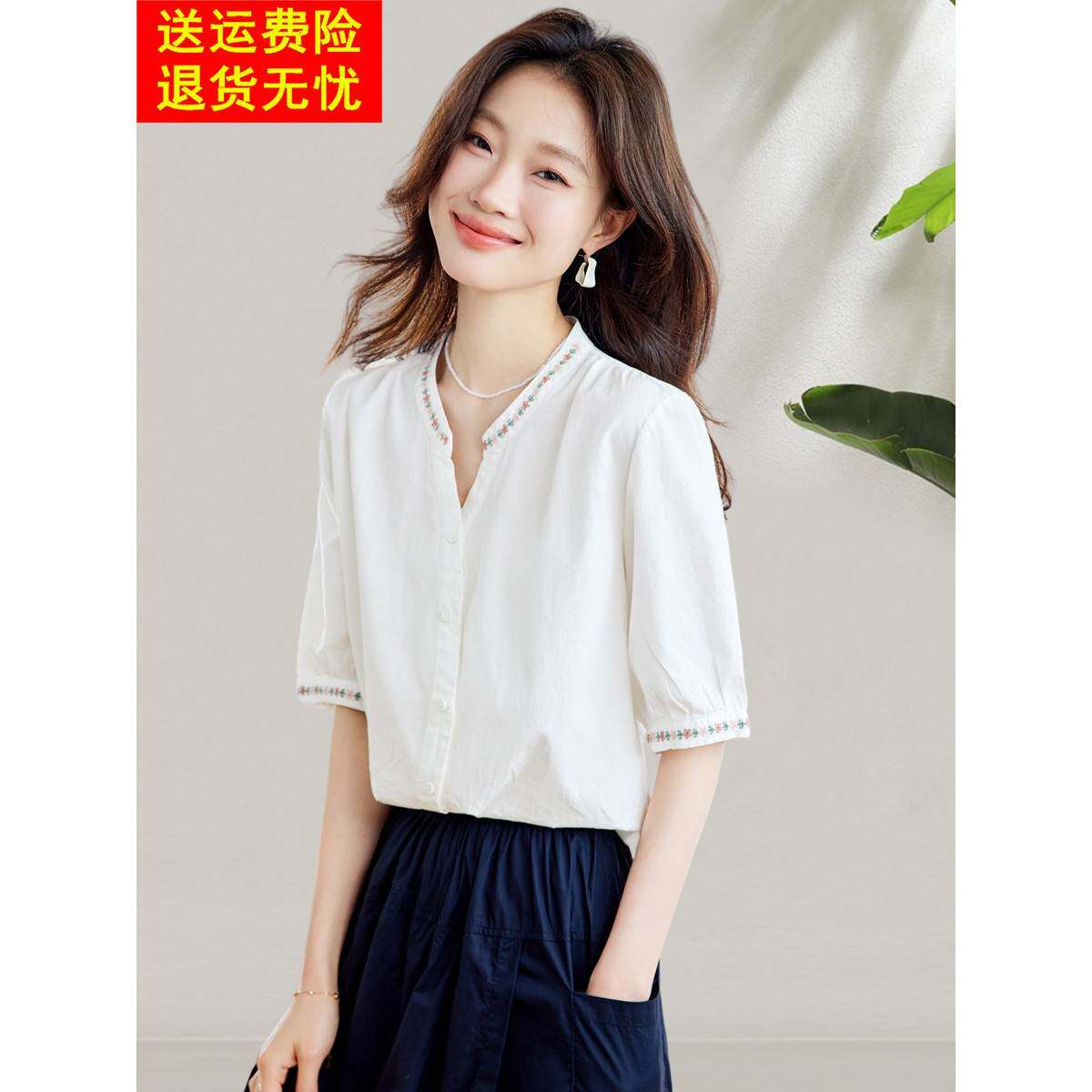 2025新款夏季设计绣花纯棉美丽t恤设计感五分之一袖修身外观白色