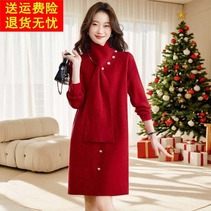 2025秋冬新款圣诞感红色长袖针织连衣裙女中长款宽松气质裙小个子
