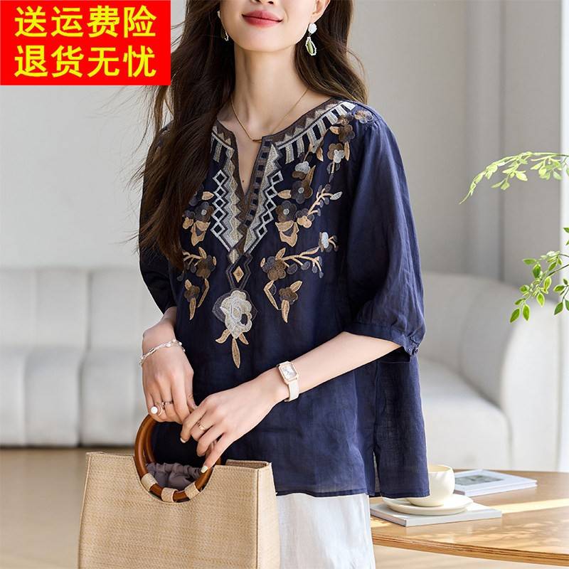 高端苎麻绣花上衣女夏季2025新款宽松遮肚棉麻亚麻五分袖短袖衬衫