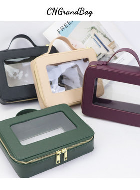新款时尚真皮+透明PVC化妆包便捷旅行家用收纳包简约大容量可印字