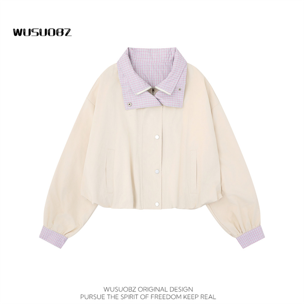 WUSUOBZ 小个子复古假两件翻领夹克女2026春秋宽松休闲短款外套,女装/女士精品,短外套,淘宝优惠券,粉丝福利购,淘宝优惠卷