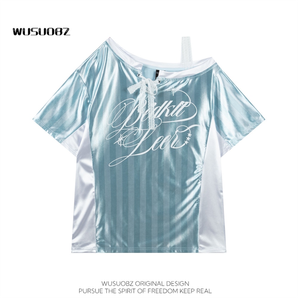 WUSUOBZ蕾丝拼接条纹斜肩吊带短袖T恤女夏季辣妹宽松运动风上衣