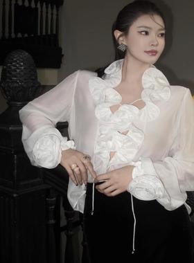 【JAC】秋冬新款法式小众高级感精致真丝木耳边绣花球袖绑带衬衣