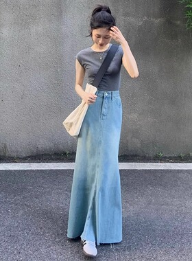 甜辣风中长款牛仔鱼尾裙女2025夏季百搭设计半身裙遮跨a字包臀裙