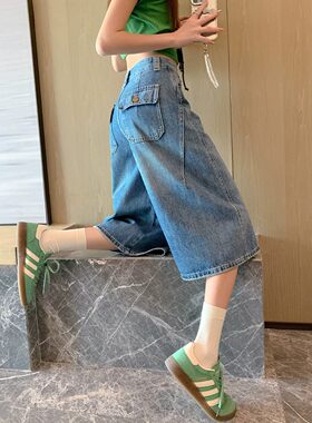 美式复古超火七分牛仔裤女2026夏季新款小个子宽松显瘦阔腿七分裤