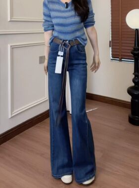 美式复古蓝高腰喇叭牛仔裤女2026夏季新款百搭显瘦宽松阔腿拖地裤