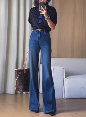 蓝色高腰直筒微喇牛仔裤女2025秋季新款复古港风不贴腿喇叭拖地裤