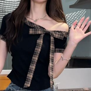 设计感修身 PENGSINI法式 新款 甜美风绑带蝴蝶结短袖 T恤女2025夏季