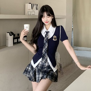 韩系减龄格子短裙显瘦 PENGSINI美式 复古学院风jk制服套装 夏季 新款