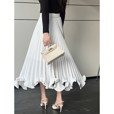 白色花瓣裙气质中长裙百褶裙女2025新款春秋高级感女人味半身裙女