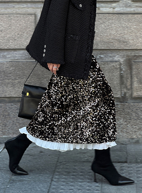 亮片丝绒鱼尾裙中长款秋冬半裙高腰一步裙包臀a字裙撞色拼接长裙