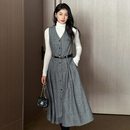 SRK a字裙长裙 高级感灰色V领毛呢背心连衣裙女秋冬收腰显瘦中长款