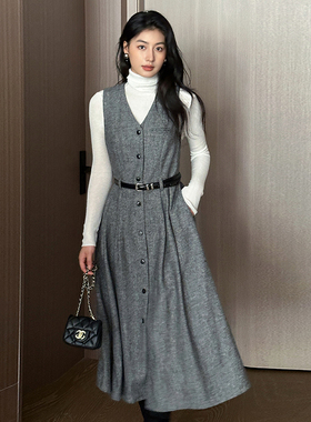 SRK 高级感灰色V领毛呢背心连衣裙女秋冬收腰显瘦中长款a字裙长裙