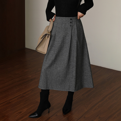 2024新款复古赫本风灰色人字纹羊毛高腰显瘦A字中长款半身裙子冬